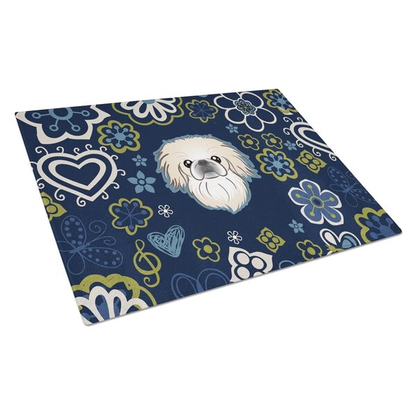 Carolines Treasures Blue Flowers Pekingese Glass Cutting Board Large - BB5072LCB
