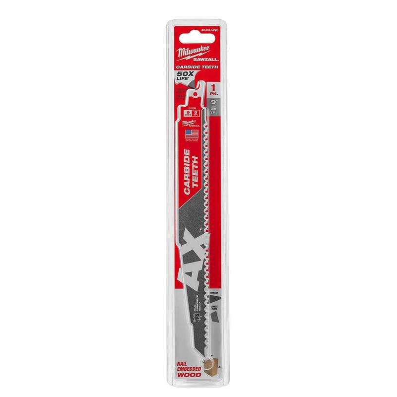 Hoja de sierra alternativa Milwaukee de 9 pulgadas, 5 TPI AX Carbide Teeth para demolición de madera con clavos incrustados (paquete de 1) - 48-00-5226