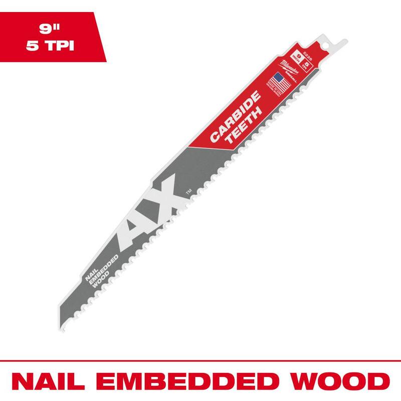 Hoja de sierra alternativa Milwaukee de 9 pulgadas, 5 TPI AX Carbide Teeth para demolición de madera con clavos incrustados (paquete de 1) - 48-00-5226
