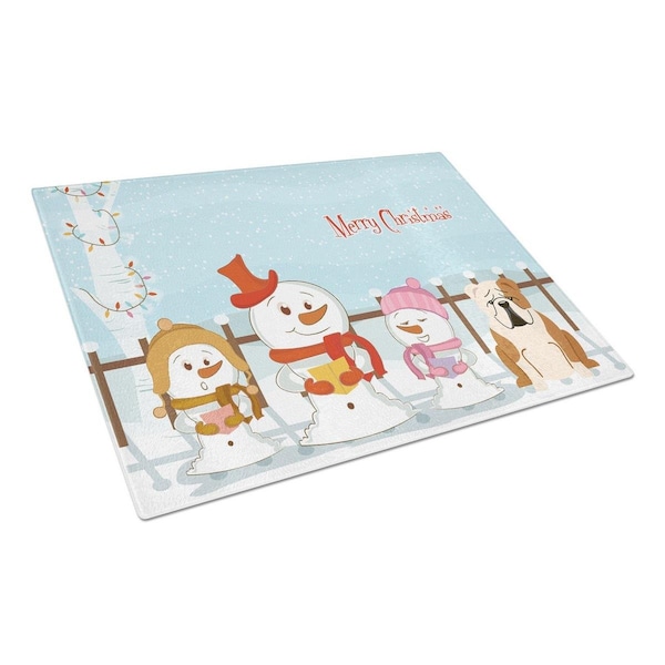 Carolines Treasures Merry Christmas Carolers English Bulldog Fawn White Glass Cutting Board, Large - BB2456LCB