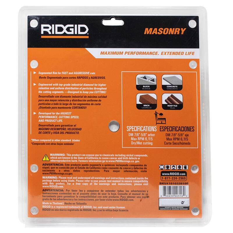 Hoja de sierra de diamante con borde segmentado para corte de albañilería de 10 pulgadas RIDGID - 25-SG10IP