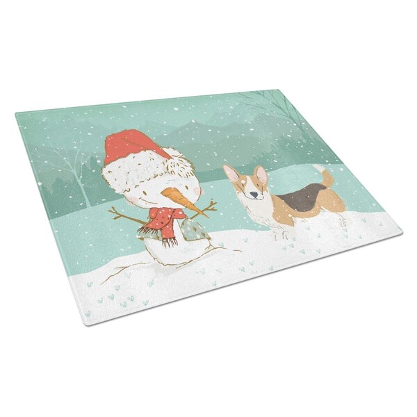 Carolines Treasures Tricolor Cardigan Corgi Snowman Christmas Glass Cutting Board Large - CK2062LCB