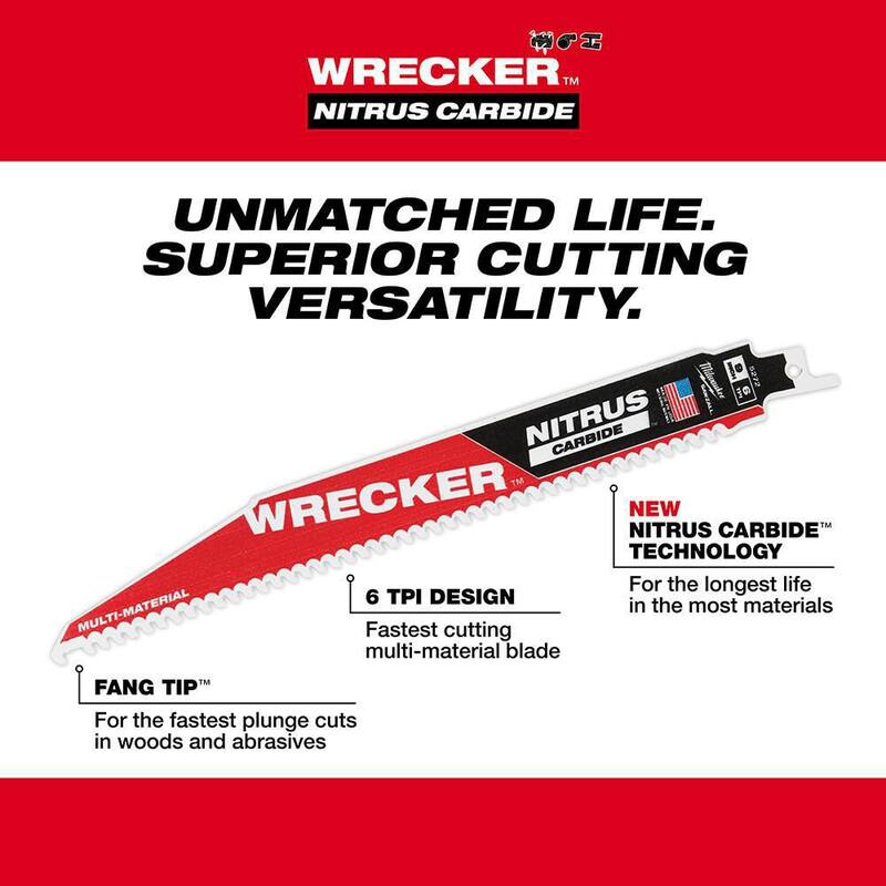 Milwaukee 9 pulgadas 6 TPI WRECKER Dientes de Carburo Nitrus Hoja de Sierra Recíproca para SAWZALL de Corte Multi-Material (paquete de 1) - 48-00-5272