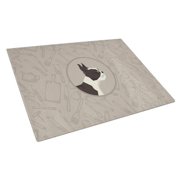 Carolines Treasures Boston Terrier in the Kitchen Glass Cutting Board Large - CK2172LCB