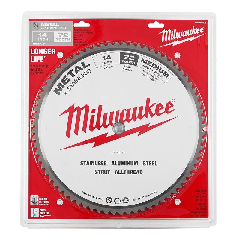 Disco de sierra circular Milwaukee de 14 pulgadas x 72 dientes de carburo para corte de metal y acero inoxidable - 48-40-4505
