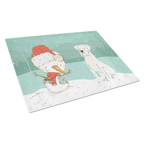 Carolines Treasures White Boxer & Snowman Christmas Glass Cutting Board Large - CK2034LCB