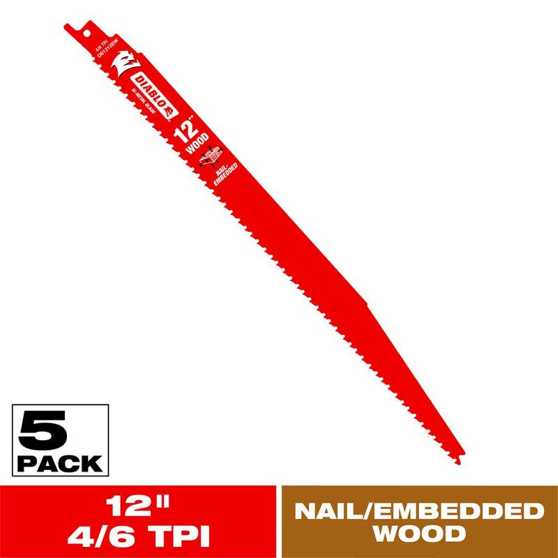 DIABLO 12 in. 4/6 Demo Demon TPI Bi-Metal Reciprocating Saw Blades for Nail-Embedded Wood Cutting - DS1212BW5

DIABLO 12 pulgadas 4/6 Demo Demon TPI Hojas de sierra reciproca de bimetálicas para corte de madera con clavos incrustados - DS1212BW5