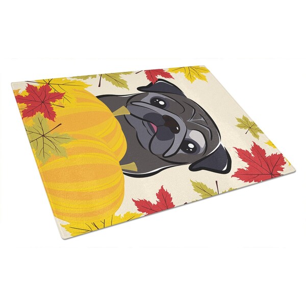 Carolines Treasures Black Pug Thanksgiving Glass Cutting Board- Large - BB2069LCB