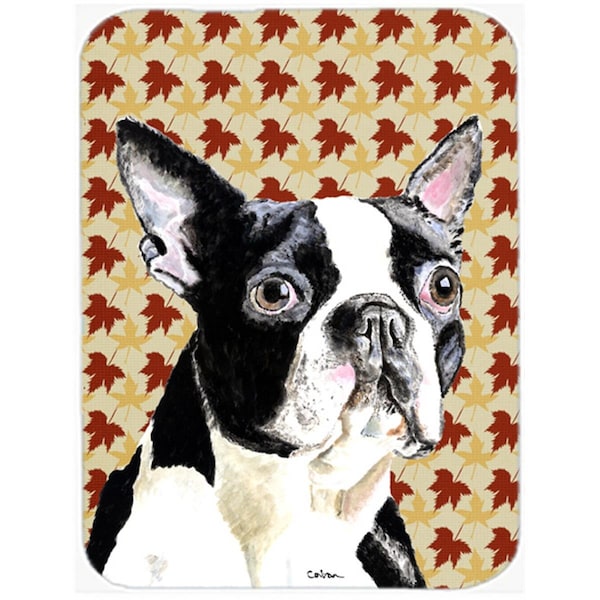 Carolines Treasures 12 x 15 in. Boston Terrier Fall Leaves Portrait Glass Cutting Board- Large - SC9200LCB