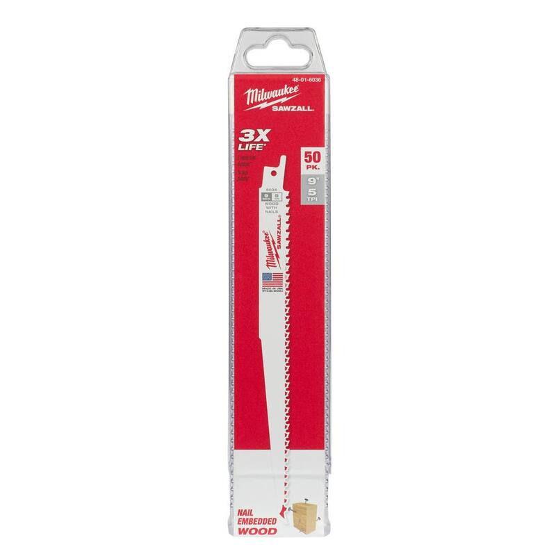Milwaukee 9 pulgadas 5 TPI hojas para sierra recíproca SAWZALL de corte de madera de Kerf delgado (paquete de 50) - 48-01-6036