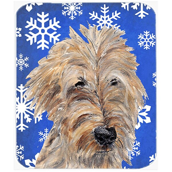 Carolines Treasures 15 x 12 in. Goldendoodle Blue Snowflake Winter Glass Cutting Board- Large - SC9605LCB