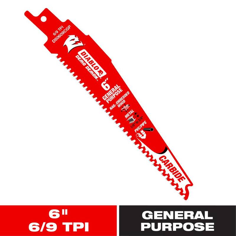 Hoja de sierra alternativa con dientes de carburo DIABLO de 6 pulgadas 6/9 TPI Demo Demon para cortes de propósito general - DS0609CGP