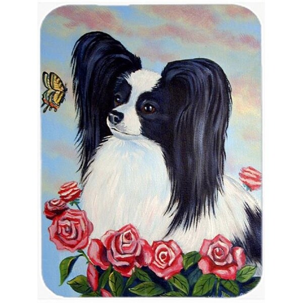 Carolines Treasures Carolines Treasures 7040LCB Black and White Papillon in Roses Glass Cutting Board - Large; 15 x 12 in. - 7040LCB
