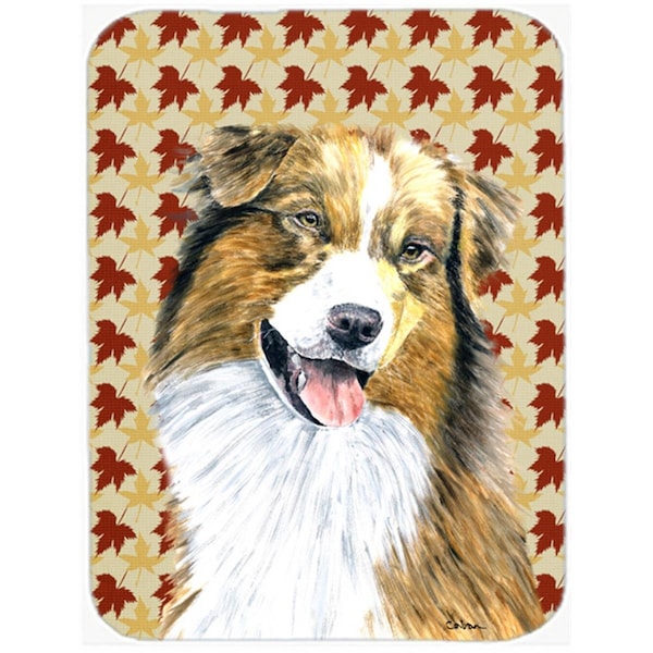 Carolines Treasures 12 x 15 in. Australian Shepherd Fall Leaves Portrait Glass Cutting Board- Large - SC9237LCB