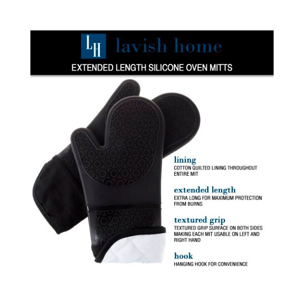 Hastings Home Silicone Oven Mitts, Extra Long Professional Quality Heat Resistant with Quilted Lining, 1 pair, Black - 192594OFB