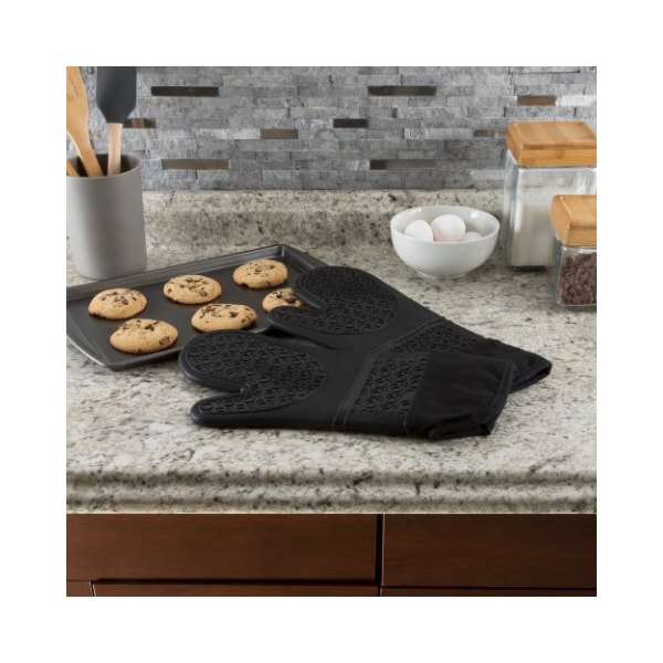 Hastings Home Silicone Oven Mitts, Extra Long Professional Quality Heat Resistant with Quilted Lining, 1 pair, Black - 192594OFB