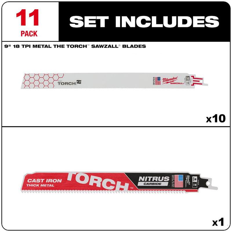 Juego de hojas de sierra reciprocante Milwaukee de 9 in, 18 TPI, para metal medio TORCH con Nitrus Carbide Torch Blade (11 piezas) - 48-00-1788T.