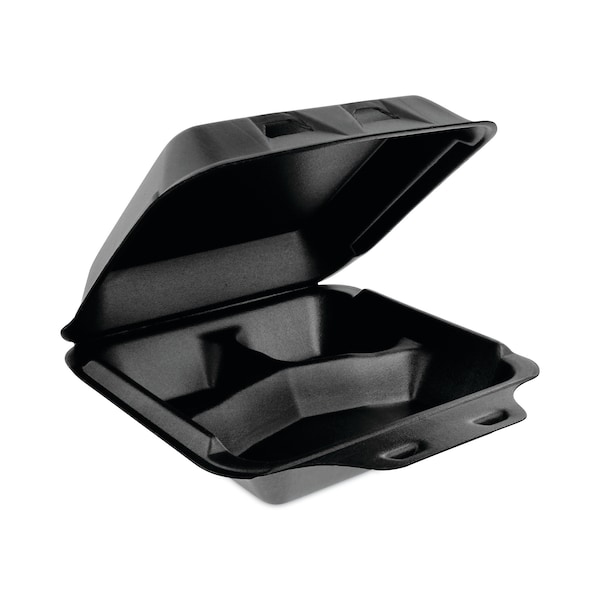 Pactiv SmartLock Foam Hinged Containers, Med, 8 x 8.5 x 3, 3-Comp, Blk, PK150 - YHLB08030000