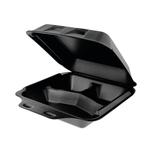 Pactiv SmartLock Foam Hinged Containers, Med, 8 x 8.5 x 3, 3-Comp, Blk, PK150 - YHLB08030000