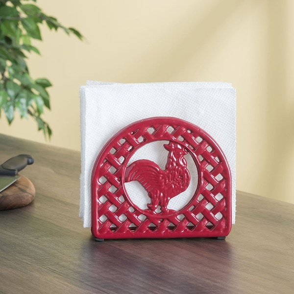 Hds Trading Cast Iron Rooster Napkin Holder, Red - ZOR96044