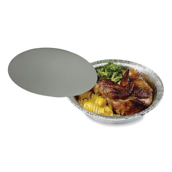 Boardwalk Round Aluminum To-Go Containers with Lid, 24 oz, 7 in. Diameter x 1.47 in.h, Silver, 200PK - BWKROUND7COMBO