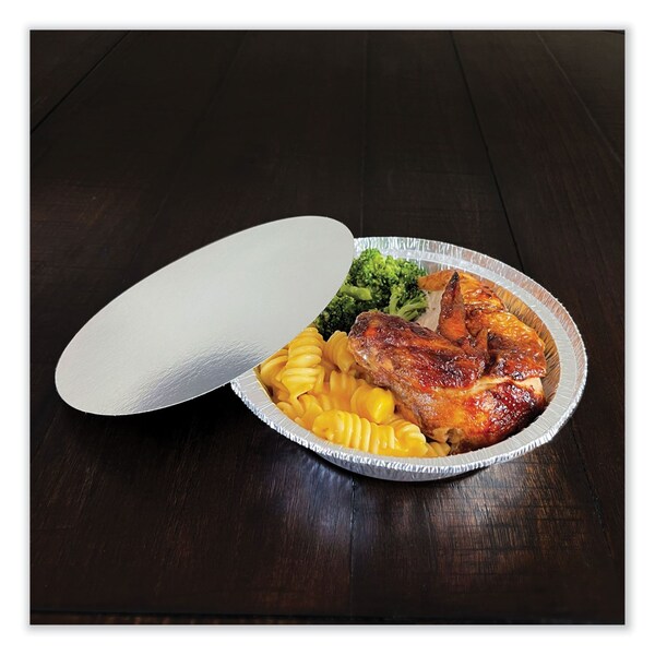 Boardwalk Round Aluminum To-Go Containers with Lid, 24 oz, 7 in. Diameter x 1.47 in.h, Silver, 200PK - BWKROUND7COMBO