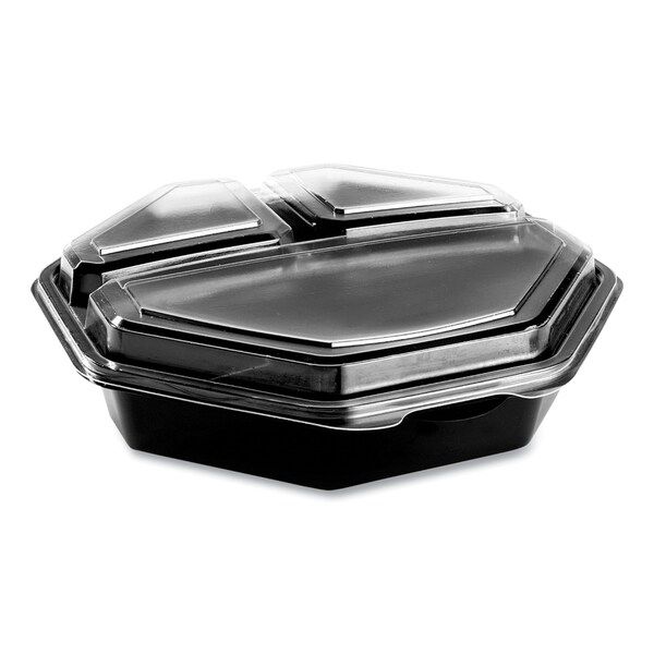 Solo OctaView Hinged-Lid Cold Food Containers, 3-Compartment, 36 oz, Black/Clear, Plastic, 100PK - 864628-PS94