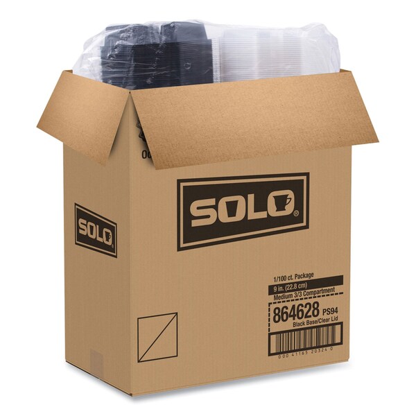 Solo OctaView Hinged-Lid Cold Food Containers, 3-Compartment, 36 oz, Black/Clear, Plastic, 100PK - 864628-PS94
