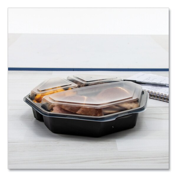Solo OctaView Hinged-Lid Cold Food Containers, 3-Compartment, 36 oz, Black/Clear, Plastic, 100PK - 864628-PS94