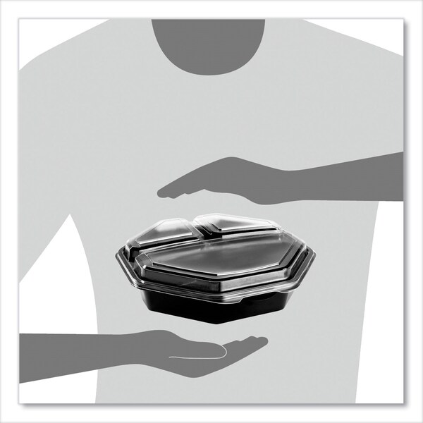 Solo OctaView Hinged-Lid Cold Food Containers, 3-Compartment, 36 oz, Black/Clear, Plastic, 100PK - 864628-PS94