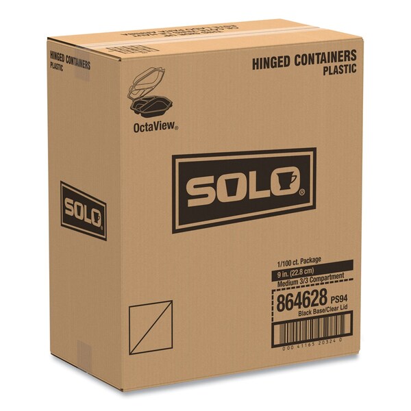 Solo OctaView Hinged-Lid Cold Food Containers, 3-Compartment, 36 oz, Black/Clear, Plastic, 100PK - 864628-PS94