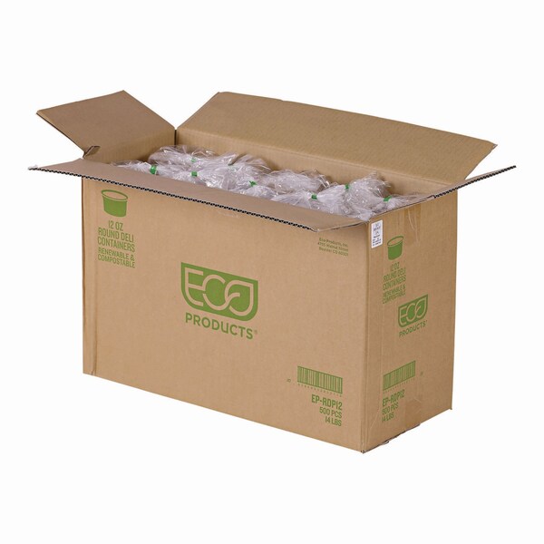 Eco-Products Round Deli Containers, 12 oz, 4.63 in. Diameter x 2.13 in.h, Clear, Plastic, 500PK - EP-RDP12