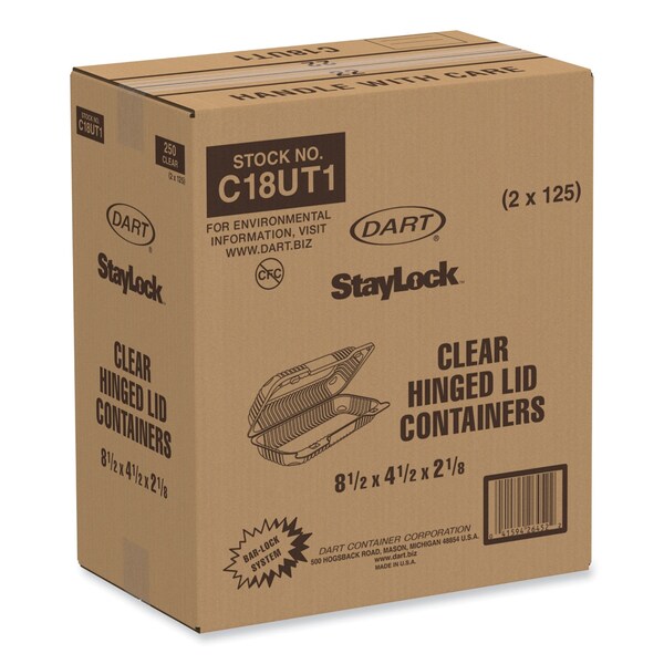 Dart StayLock Clear Hinged Lid Containers, 4.5 x 8.5 x 2.1, Clear, OPS Plastic, 250PK - C18UT1