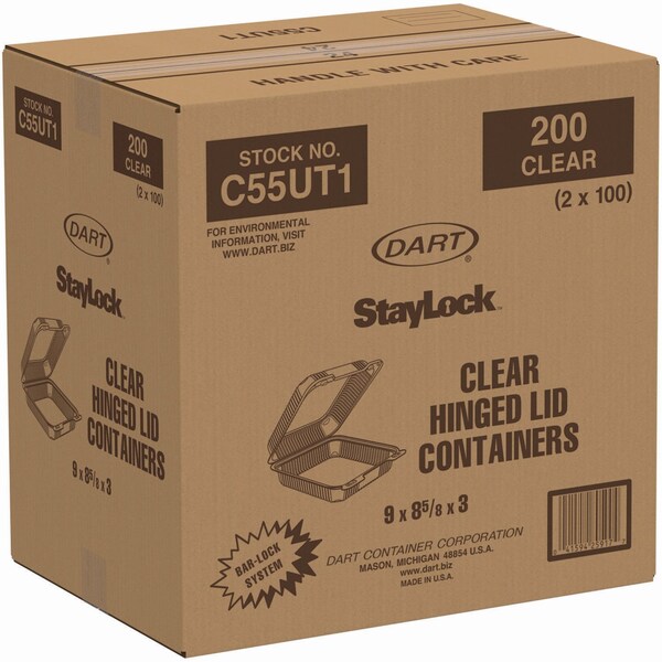 Dart StayLock Clear Hinged Lid Containers, 8.6 x 9 x 3, Clear, Plastic, 200PK - C55UT1