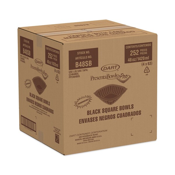 Dart PresentaBowls Pro Black Square Bowls, 48 oz, 8.5 x 8.5 x 2.6, Plastic, 252PK - B48SB
