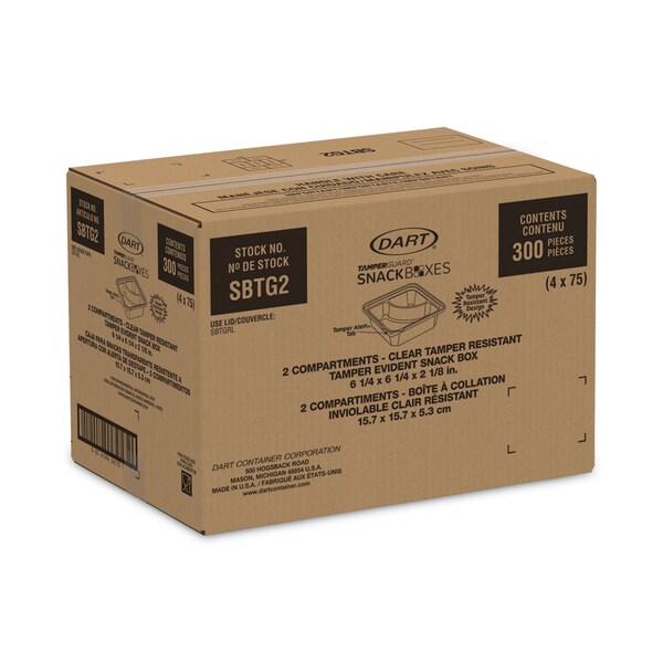 Dart TamperGuard Snack Boxes, 2-Compartment, 6.3 x 6.3 x 2.1, Clear, Plastic, 300PK - SBTG2