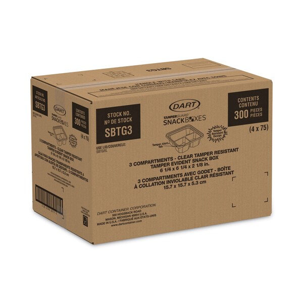 Dart TamperGuard Snack Boxes, 3-Compartment, 6.3 x 6.3 x 2.1, Clear, Plastic, 300PK - SBTG3