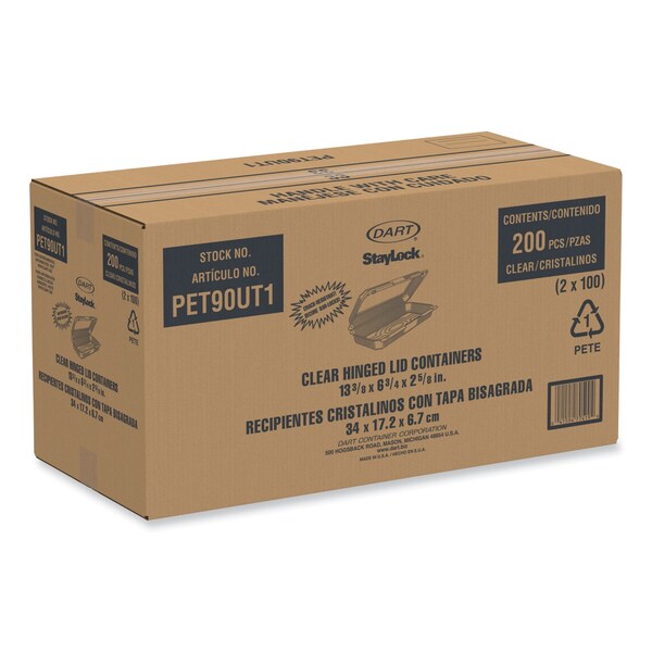 Dart StayLock Clear Hinged Lid Containers, 8 x 13.38 x 2.6, Clear, Plastic, 200PK - PET90UT1