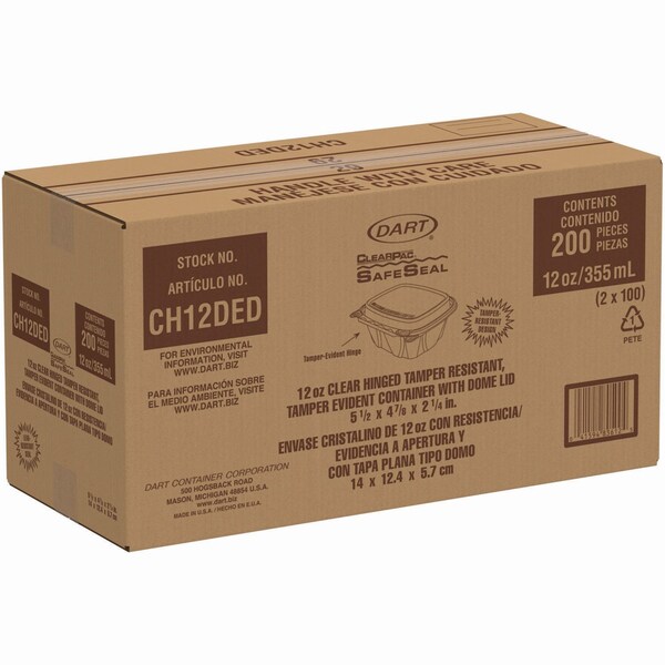 Dart ClearPac SafeSeal Tamper-Resistant/Evident Containers, Domed Lid, 12 oz, Clear, Plastic, 200PK - CH12DED