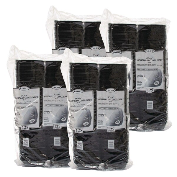 Dart Foam Hinged Lid Containers, Large Sandwich, 6 x 5.9 x 3, Black, 500PK - 60HTB1