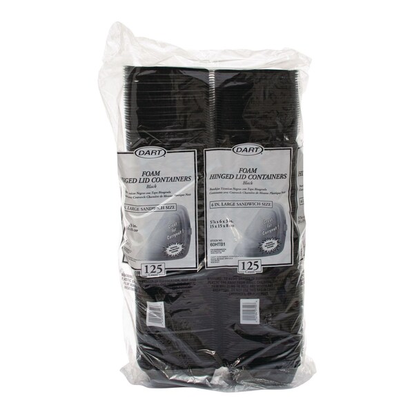 Dart Foam Hinged Lid Containers, Large Sandwich, 6 x 5.9 x 3, Black, 500PK - 60HTB1