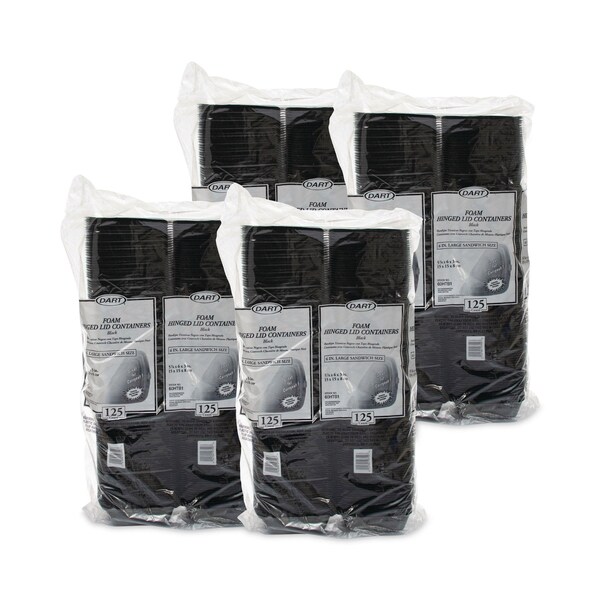 Dart Foam Hinged Lid Containers, Large Sandwich, 6 x 5.9 x 3, Black, 500PK - 60HTB1