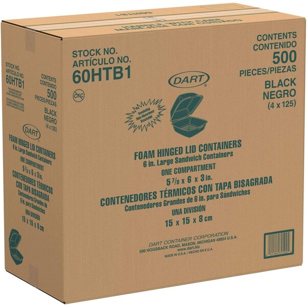Dart Foam Hinged Lid Containers, Large Sandwich, 6 x 5.9 x 3, Black, 500PK - 60HTB1