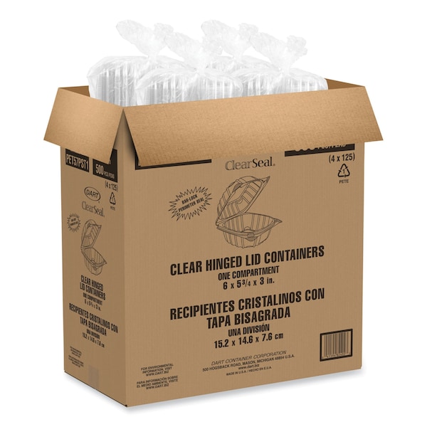 Dart ClearSeal Hinged-Lid Plastic Containers, 5.86w x 3.11h, Clear, Plastic, 500PK - PET57PST1