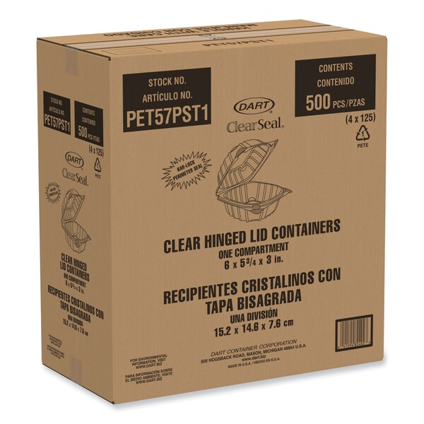 Dart ClearSeal Hinged-Lid Plastic Containers, 5.86w x 3.11h, Clear, Plastic, 500PK - PET57PST1