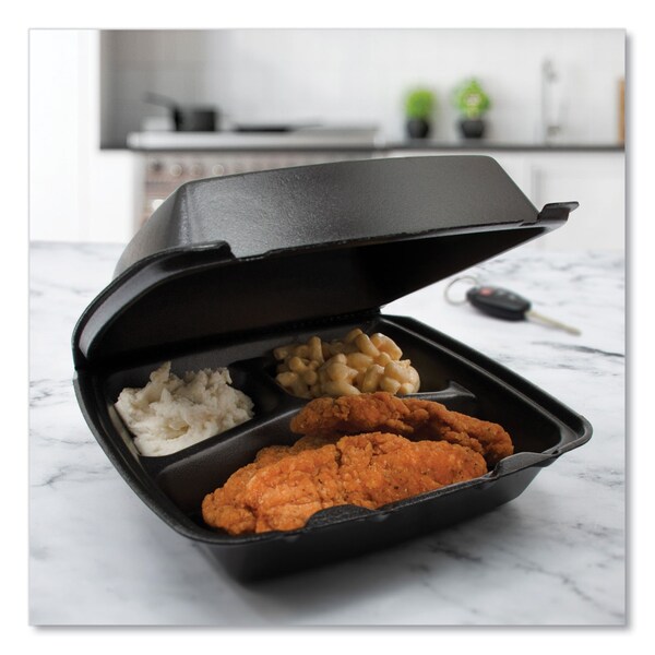 Dart Insulated Foam Hinged Lid Containers, 3 Compartments, 7.96 x 3.2 x 8.36, Black, Foam, 200PK - 85HTB3R