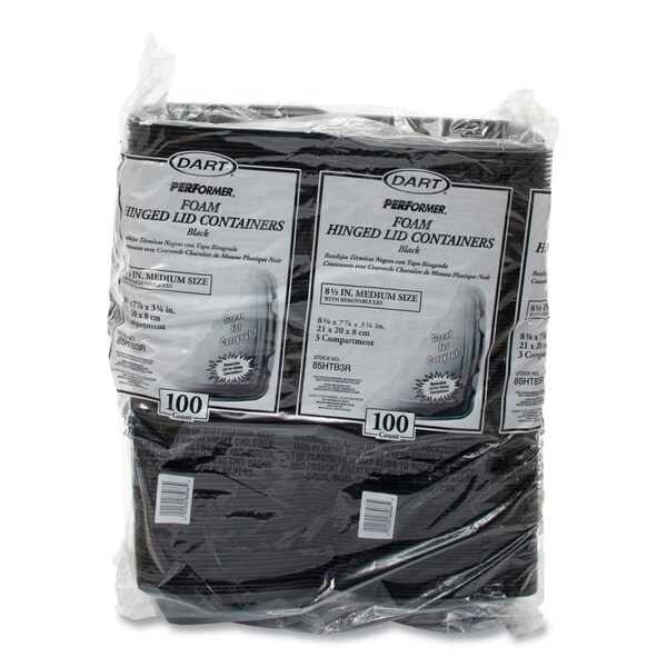 Dart Insulated Foam Hinged Lid Containers, 3 Compartments, 7.96 x 3.2 x 8.36, Black, Foam, 200PK - 85HTB3R