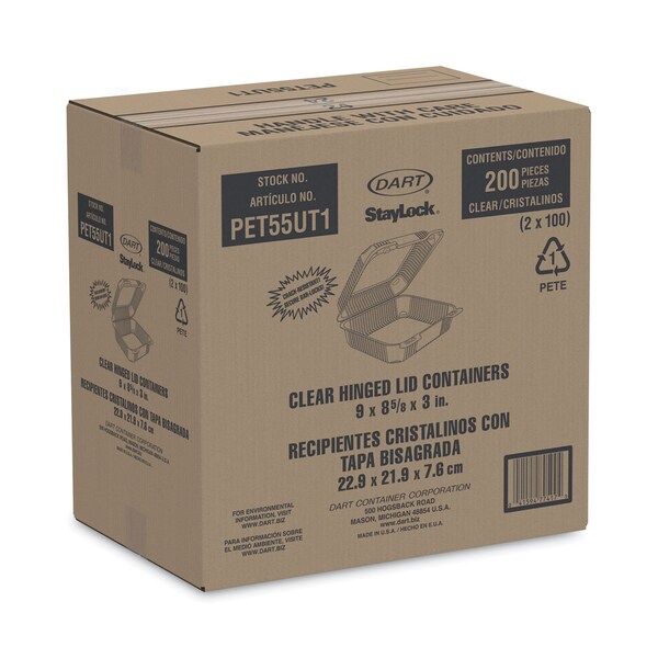 Dart StayLock Clear Hinged Lid Containers, 8.6 x 9 x 3, Clear, Plastic, 200PK - PET55UT1