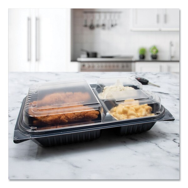 Solo Hinged-Lid Dinner Box, 3-Compartment, 32 oz, 11.5 x 8.1 x 3, Black/Clear, Plastic, 100PK - 919019-PM94