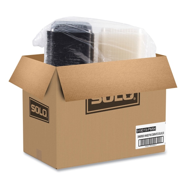 Solo Hinged-Lid Dinner Box, 3-Compartment, 32 oz, 11.5 x 8.1 x 3, Black/Clear, Plastic, 100PK - 919019-PM94